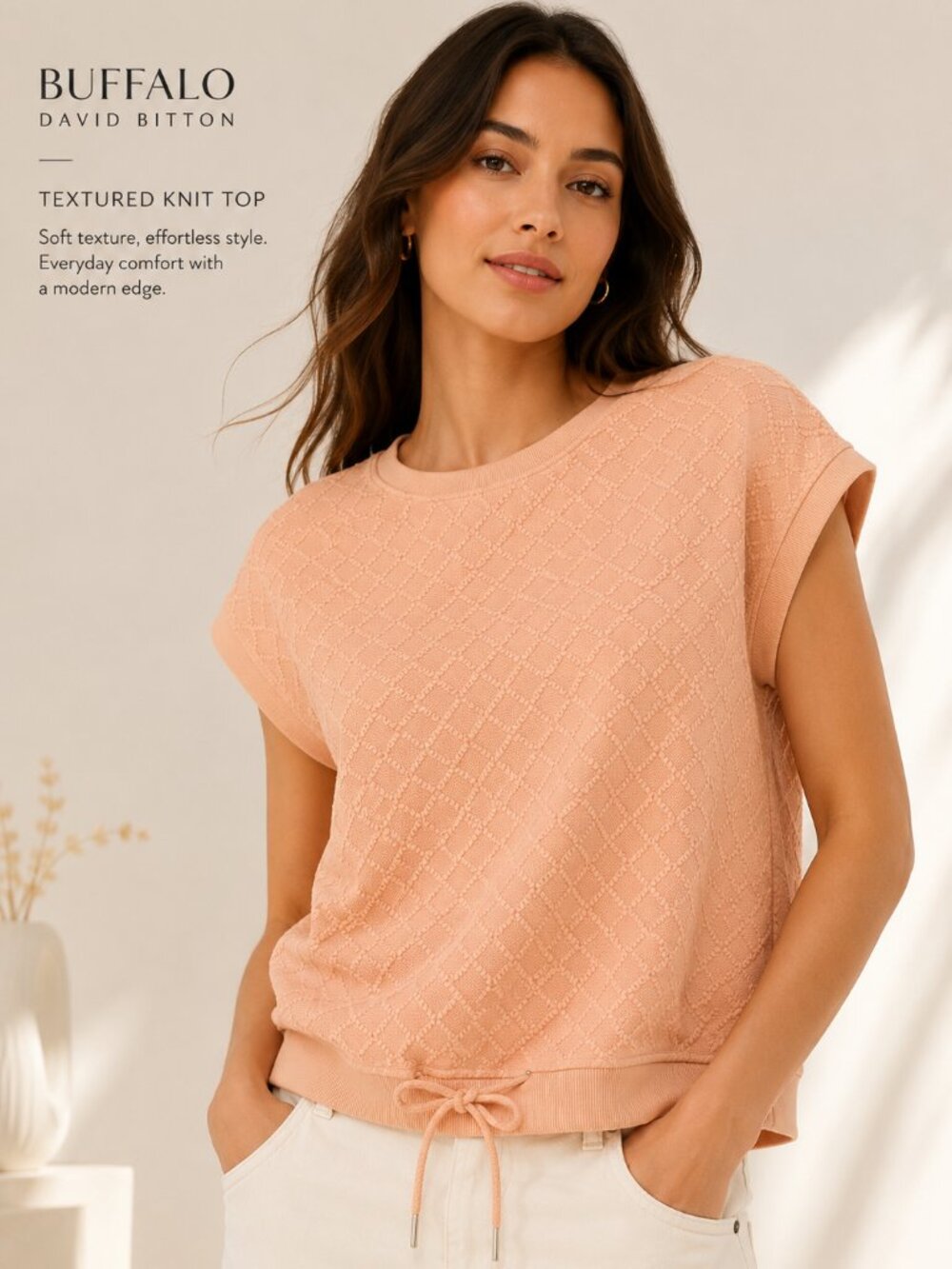 Buffalo David Bitton Textured Knit Top Drawstring Hem Peach Size S NWT